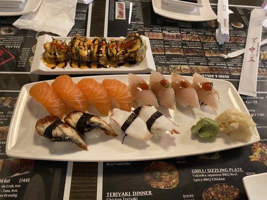 Salmon, albacore, eel, octopus sushi