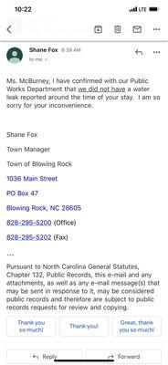 Email proving that there wasn't a city water issue. It was most definitely a Hillwinds issue and they refuse to take responsibility.