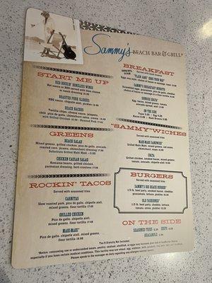 Menu, Sammy's Beach Bar by Sammy Haggar at the snowy Cleveland Ohio Airport