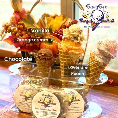 Waffle Cones, Cake Cones, various flavors and special seasoal flavors.  Pints to take home and our own Bee Bites Ice cream sandwich!