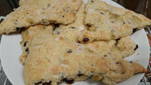 Dark Chocolate Banana Scones we make here.  The flavors change daily.