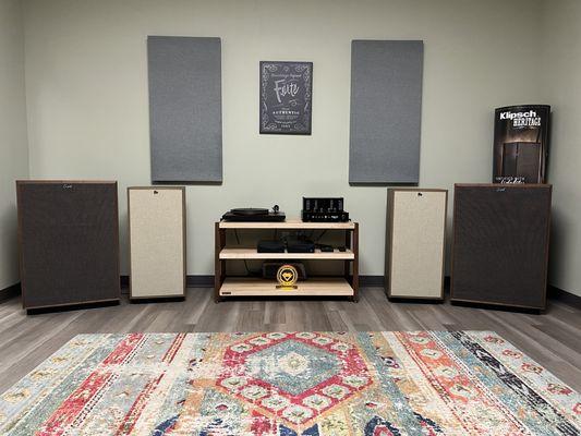 Klipsch Forte and Cornwall speakers with Black Ice amplifier, Innuos streamer/server, MoFi UltraDeck and Butcher Block Acoustics stand