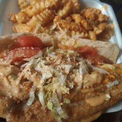 Try our delicious catfish po-boy Cajun seasoned fries