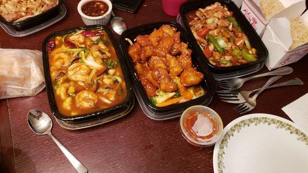 Shrimp in garlic sauce, Sesame Chicken, kung pan chicken