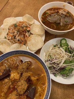 Take-out replated: lotus root salad, bun bo hue, veggies for noodle soup(s) & bun rieu