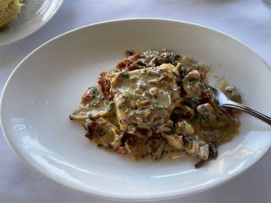 Delectable polenta in mushroom and sun dried tomato cream sauce. I asked for less sauce as I'm on a low-fat diet.