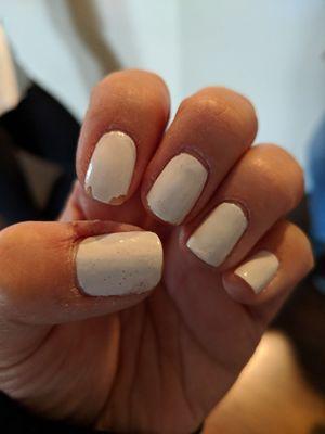 Manicure and Pedicure done Friday at 4:30 PM. Already chipped Monday morning. When I do my nails at home they last longer than that.