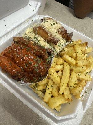 Lemon Pepper Hot and Chicken Garlic Parmesan wings with Lemon Pepper Fries.