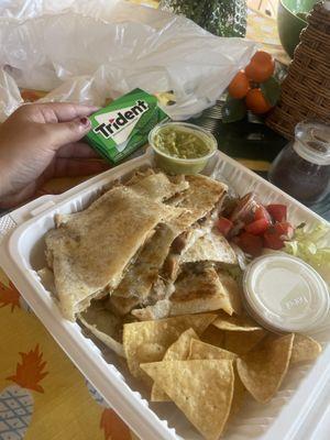 Chicken quesadilla with guacamole.