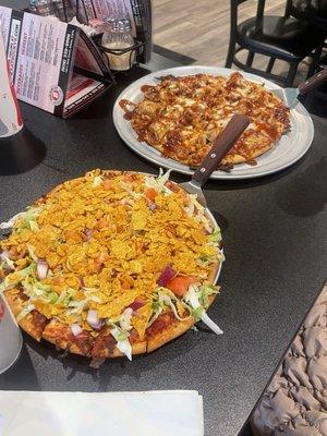 Taco pizza and BBQ chicken bacon pizza