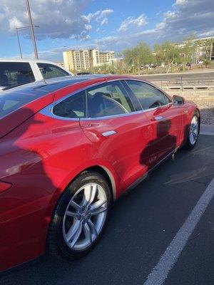 Tesla Model S, aka Red Bone.  I love this car! Welcome home, baby face!