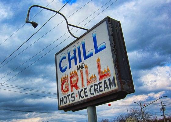 Even on an overcast April day, the sign for the Chill & Grill stands out!