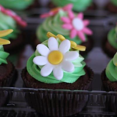 Extra Dark Red Velvet Cupcakes with Dark Chocolate Chips & Marshmallow Fondant Flowers &  Bee