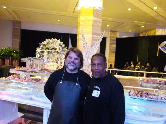 Chef Daniel is hanging out with the championship ice sculpture, Aaron Costic