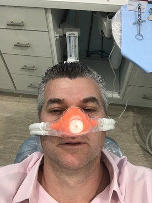 Selfie of me in the dentist chair with laughing gas