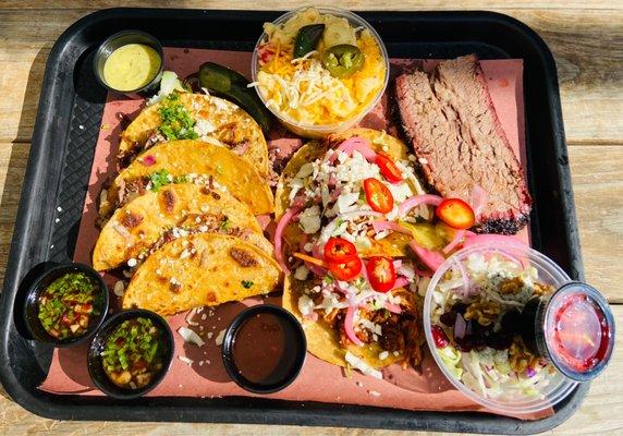 BBQ Birria Tacos, Cochinita Pibil Tacos, Brisket, Jalapeño Mac and Cheese, Apple and Gorgonzola Slaw