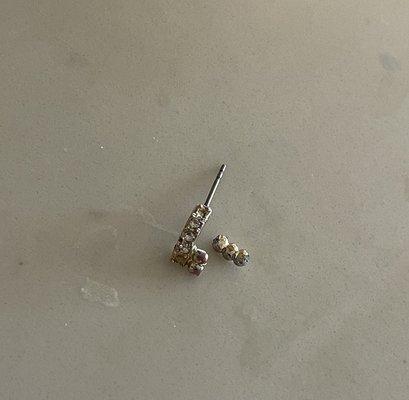 This is the earring that was in my drink.  The small piece is what came through my straw