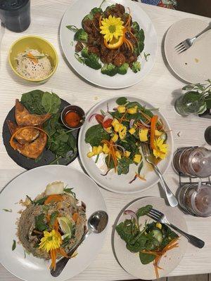 Dining in at Foos, crab Rangoon, mango seaweed salad, orange chicken and fried rice