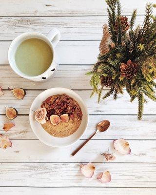 chia seed pudding and matcha for breakfast