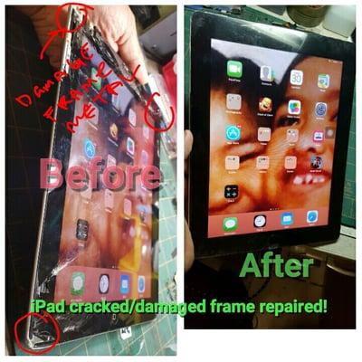 Ipad cracked screen & damaged metal frame repaired! By Cellphone solutions!