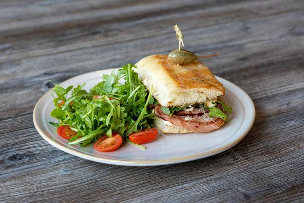 Mortadella Sandwich with a side of Arugula salad