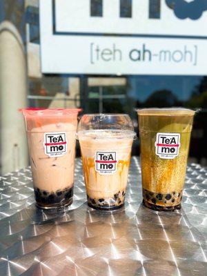 House Black Tea Latte, Creme Brulee Milk Tea, and Uji Matcha Latte