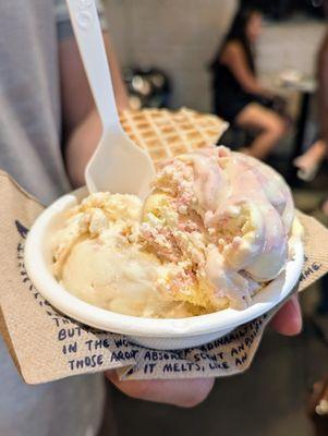 Gooey Buttercake and Rainbow BFY. Standard (2 half scoops) for $6.45.