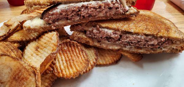 Patty melt with homemade chips