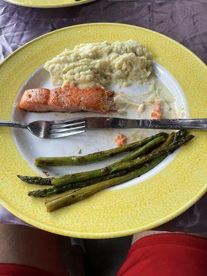 King salmon, mashed sweet potatoes, asparagus's