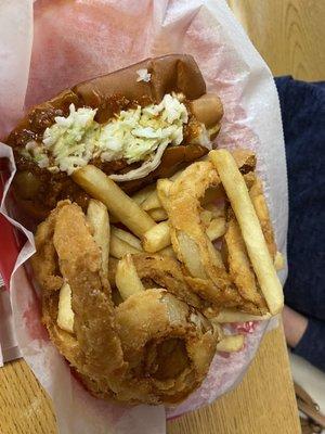 English Dog with Onion Rings and Fries!!! Tasty!!!