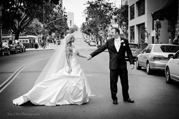 Bride and Groom urban street photo session Downtown. Wedding at US Grant.