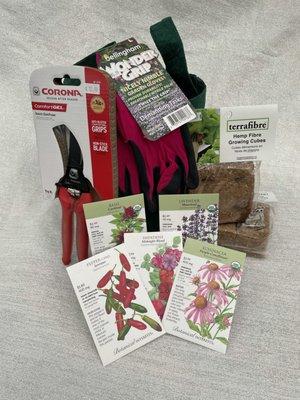 We carry a full line of organic seeds, gloves and gardening tools.