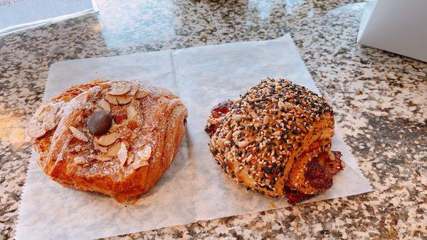 Chocolate almond croissant (left) and ham/Gruyère croissant (right)