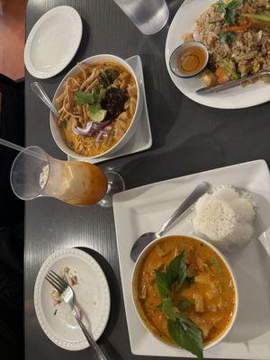 Khao Soi (top left), Thai Mint Fried Rice (top right), Pineapple Red Curry (bottom right)