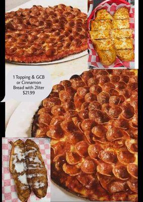 14" 1 Topping & Choice of Garilc Cheesy Bread or Cinnamon Bread with 2liter $21.99