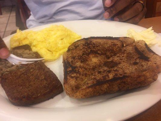 Pork scrapple, French toast, and scramble eggs