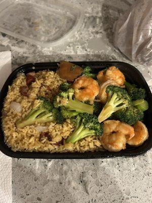 Shrimp and broccoli with pork fried rice