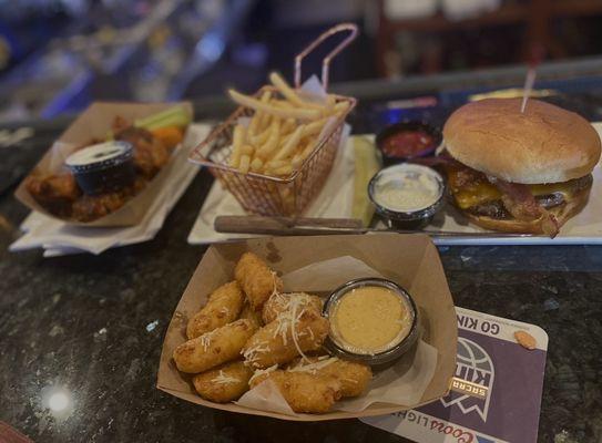 Tater Tots, lemon pepper wings, French fries, Bacon-Bacon Cheese Burger