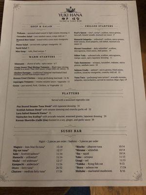 Menu page 1 - starters, mains (platters), and sushi part 1 (nigiri/sashimi)