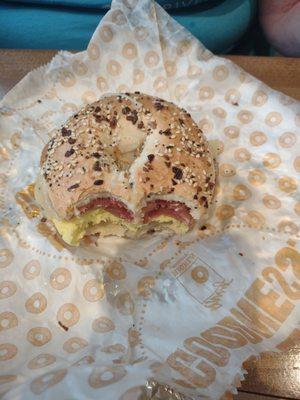 Bacon, egg and cheese. Extra bacon. On an everything bagel