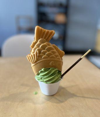 Matcha and Vanilla Swirl Soft Serve with Taiyaki Fish, Pocky, and Matcha Powder Toppings