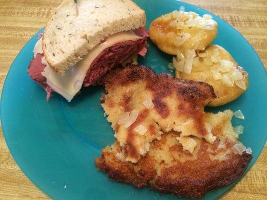 Potato pancake. Corned beef and pierogis.