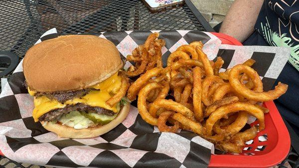 Double cheeseburger with curley fries