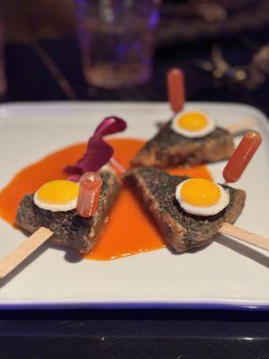 Chive cake with quail egg