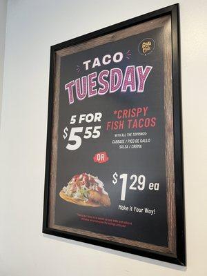 2023 Menu: Taco Tuesday fish tacos prices.