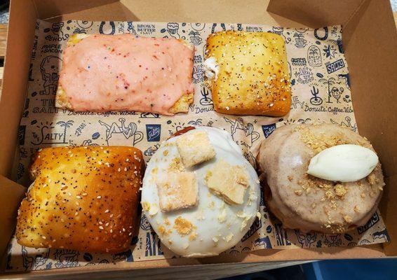 Everything Bagel & Cream Cheese Puff, Strawberry Frosted Pop Tart, and 2 Brioche Donuts