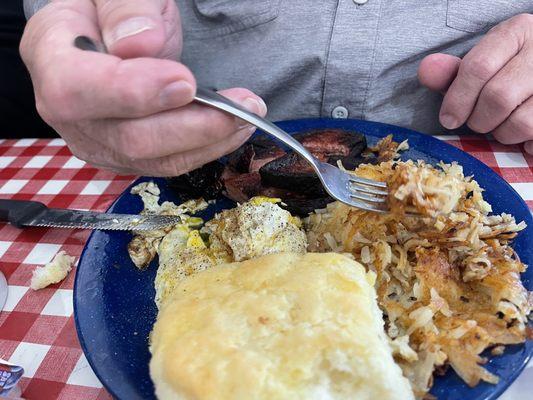 Fried bologna, hash browns,eggs & biscuit