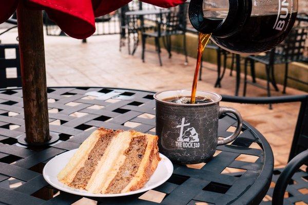 Fresh drip coffee with Banana Toffee Cake