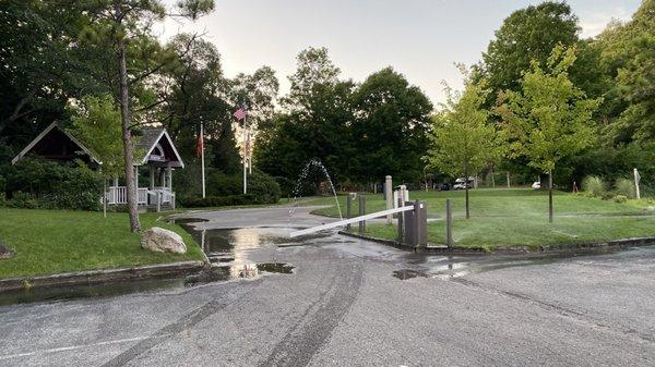 Broken sprinkler at beach parking entry.