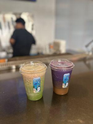 Cherry blossom matcha and ube latte